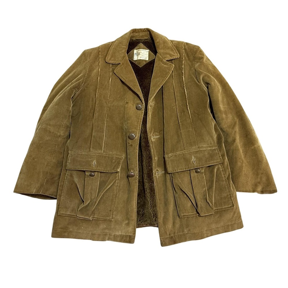 Vintage Kmart Coat Mens 44 Brown Corduroy‎ Faux Fur Lined Overcoat Japan 70s